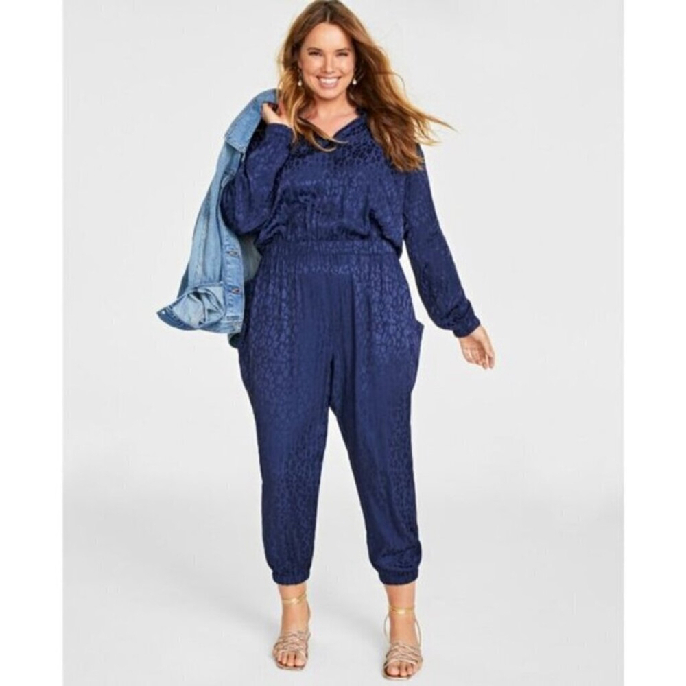 On 34th Plus Size Leopard Print Navy Blue Jacquard Jumpsuit NWT